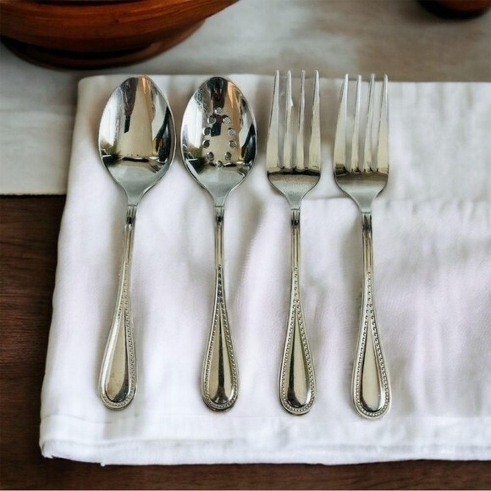 Gourmet Settings Stainless Steel Serving Spoon Fork Set 4 Piece Carving Grabbers